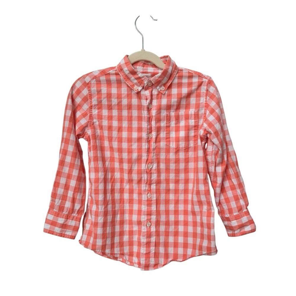 Crewcuts Factory Boys Long Sleeve Button Down Orange Gingham Cotton Shirt. 4-5.